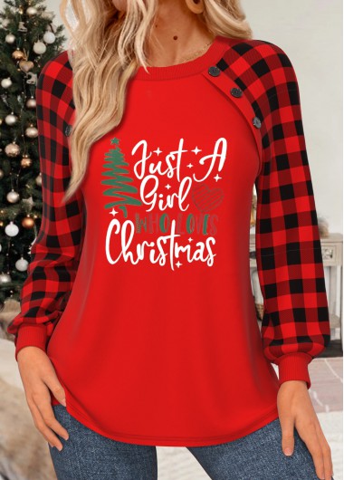 Red tops,Christmas tops,Plants tops,Plaid tops,Letter tops,ROTITA Christmas Patchwork Red Round Neck Long Sleeve Sweatshirt