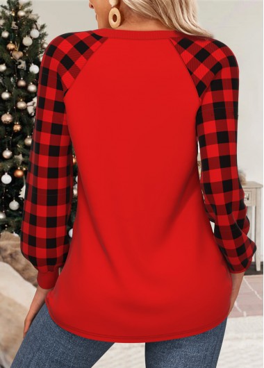 Red tops,Christmas tops,Plants tops,Plaid tops,Letter tops,ROTITA Christmas Patchwork Red Round Neck Long Sleeve Sweatshirt