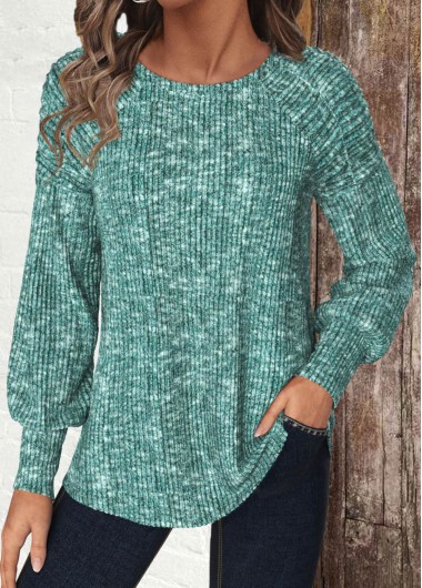 Green tops,Plain Color tops,ROTITA Green Round Neck Long Sleeve T Shirt