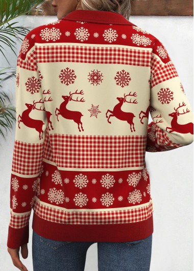 Wine Red tops,Christmas tops,ROTITA Christmas Zipper Wine Red Turn Down Collar Sweatshirt