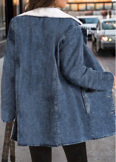 Blue tops,Plain Color tops,ROTITA Plush Blue Turn Down Collar Long Sleeve Coat