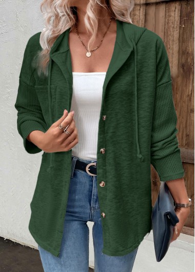 Green tops,Plain Color tops,ROTITA Patchwork Green Long Sleeve Hoodie