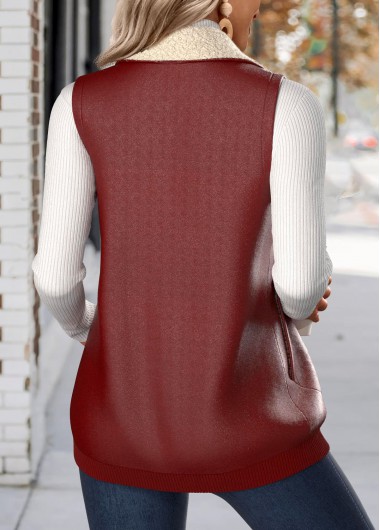Deep Red tops,Contrast Color tops,ROTITA Patchwork Deep Red Stand Collar Sleeveless Waistcoat