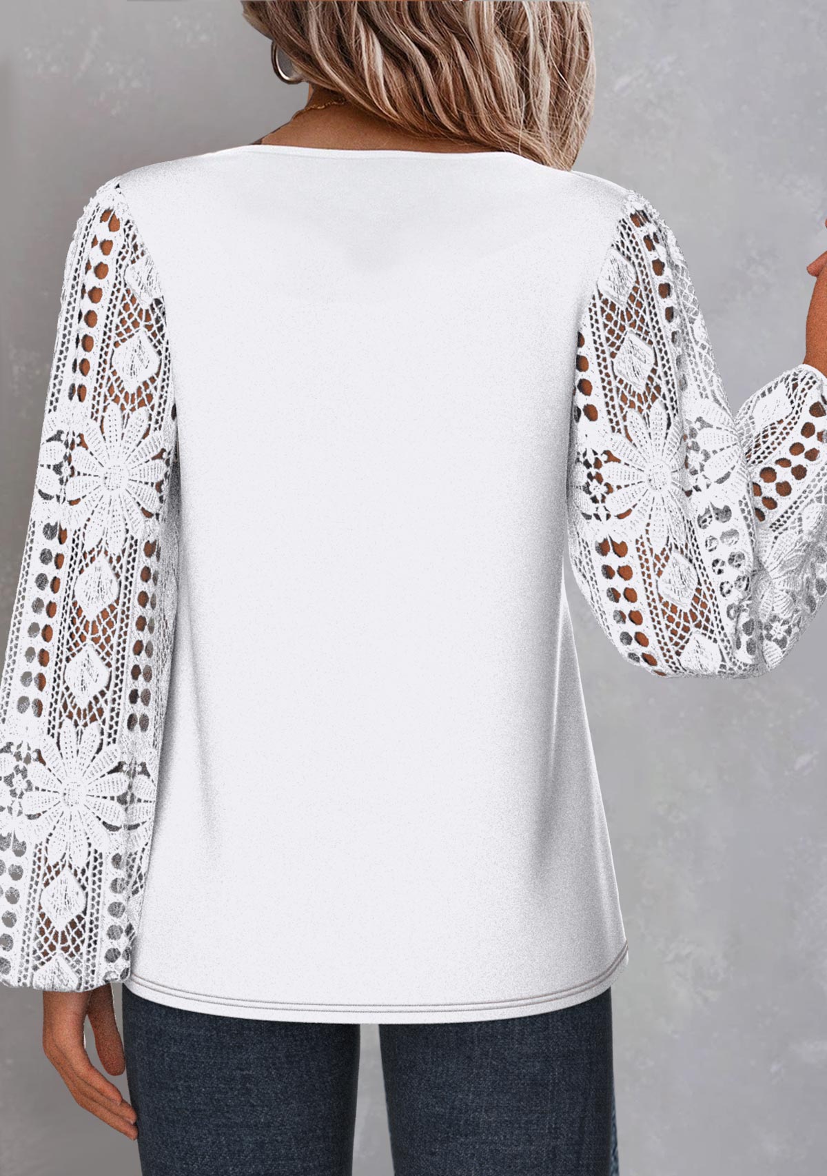White tops,Plain Color tops,ROTITA Lace White Asymmetrical Neck Long Sleeve Blouse
