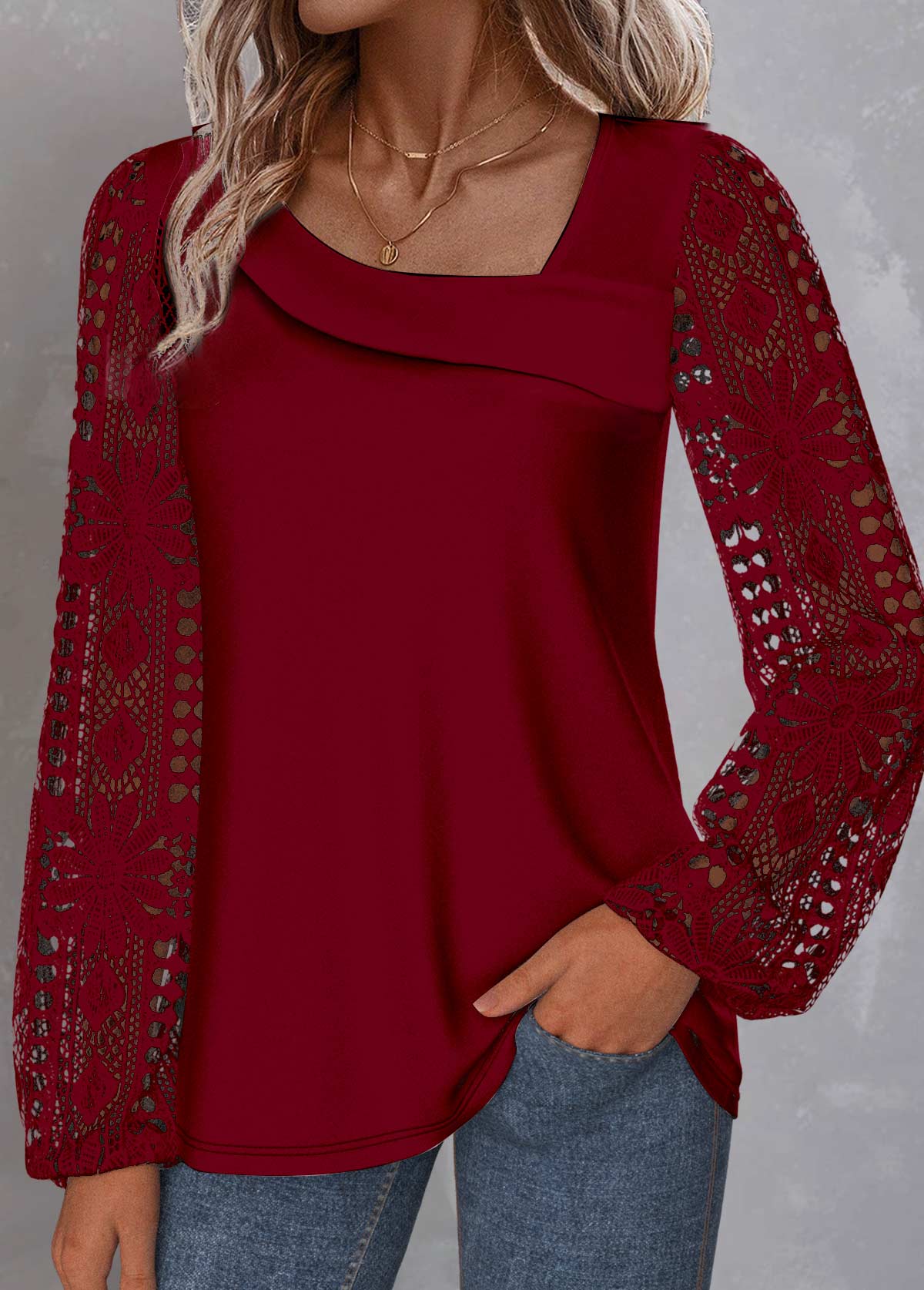 rotita blouse à col asymétrique rouge vin en dentelle grande taille