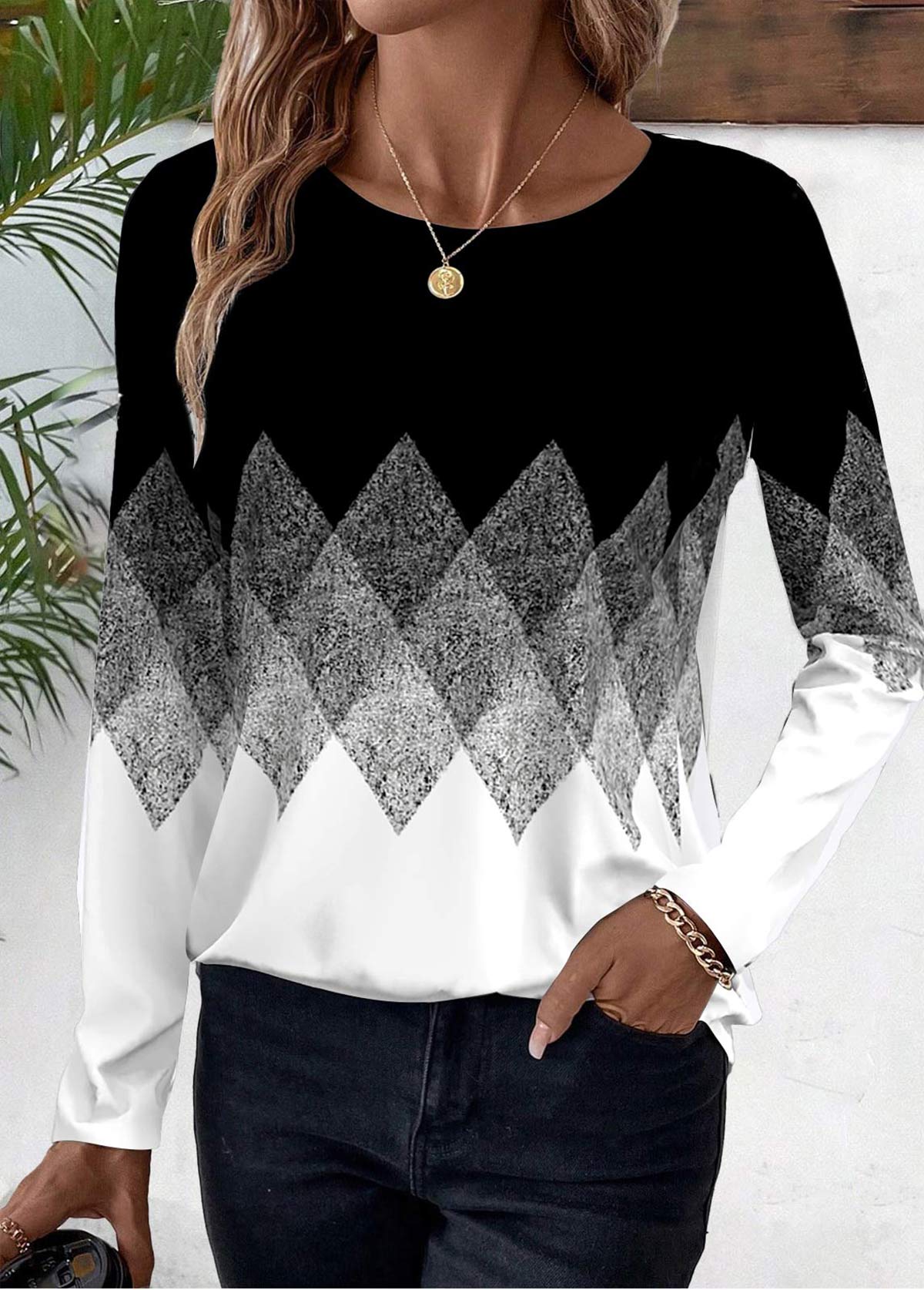 Black plus size,White plus size,Geometric plus size,Chevron plus size,Ombre plus size,ROTITA Plus Size Patchwork Black Geometric Print T Shirt