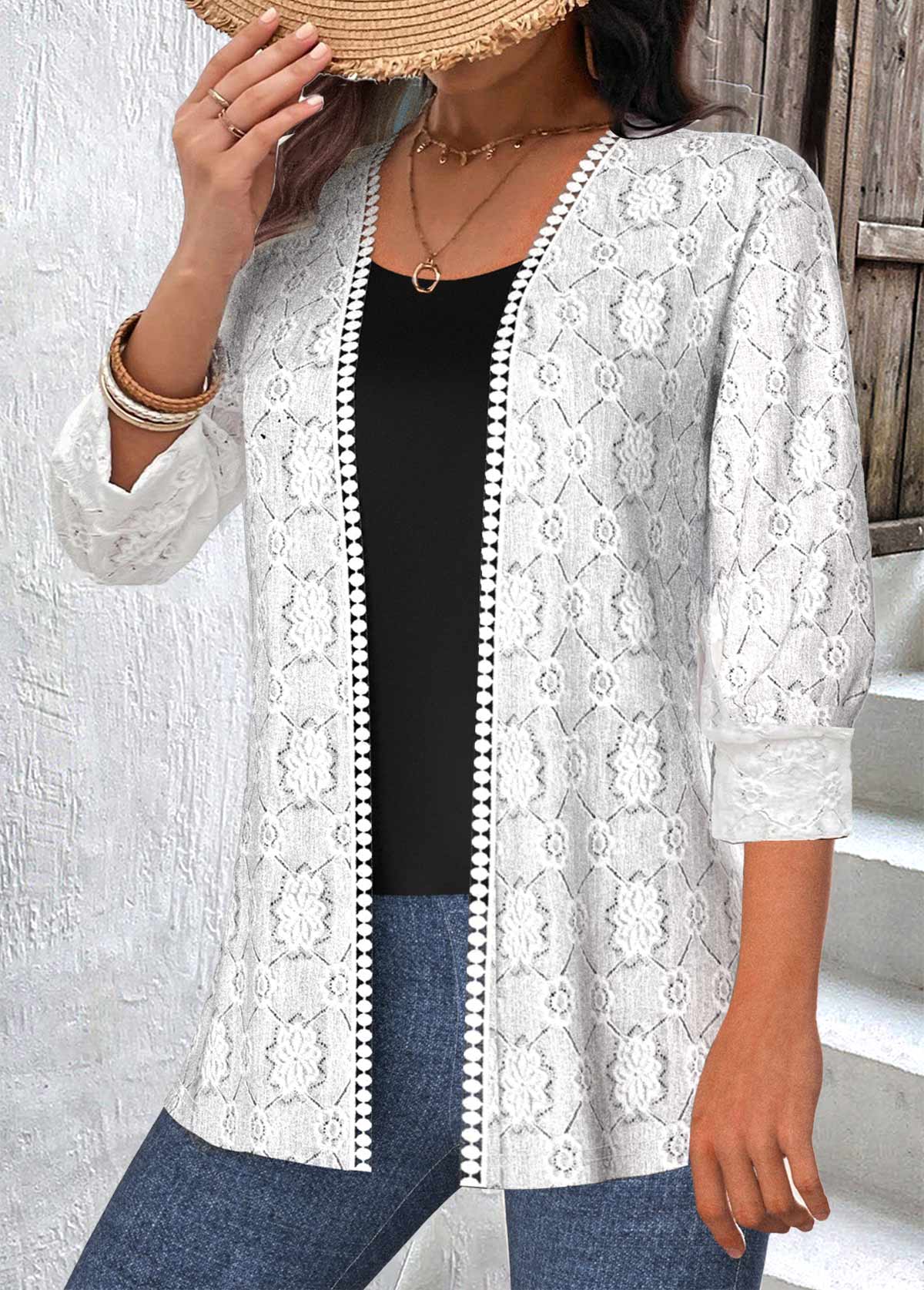 White plus size,Plain Color plus size,ROTITA Plus Size Lace White 3/4 Sleeve Coat