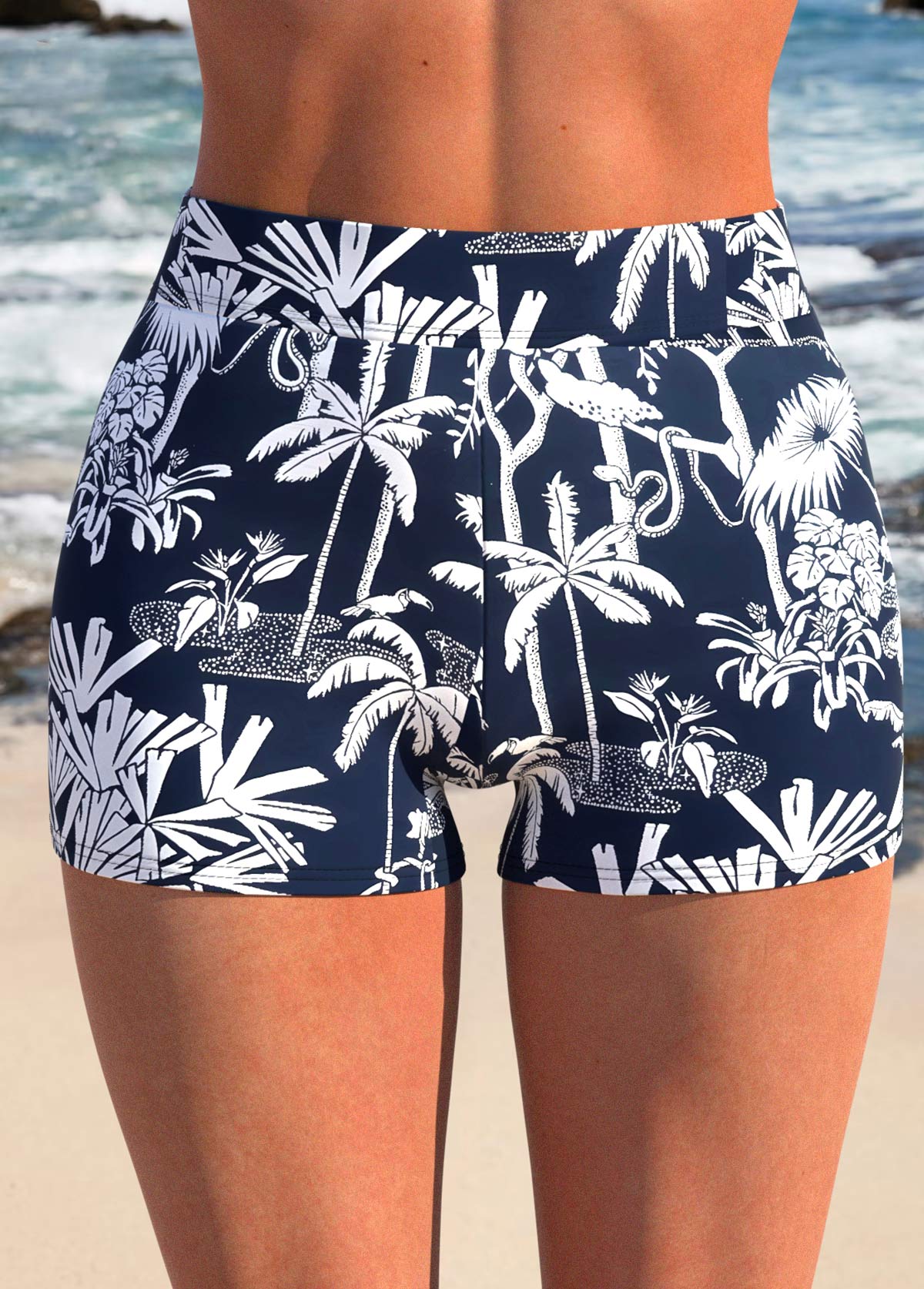 Navy swimwear,Plants swimwear,ROTITA Ruffle Navy Tropical Plants Print Tankini Set