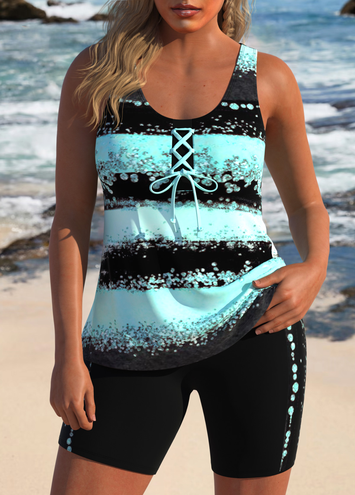 Mint Green swimwear,Black swimwear,Striped swimwear,Geometric swimwear,ROTITA Lace Up Mint Green Striped Tankini Set