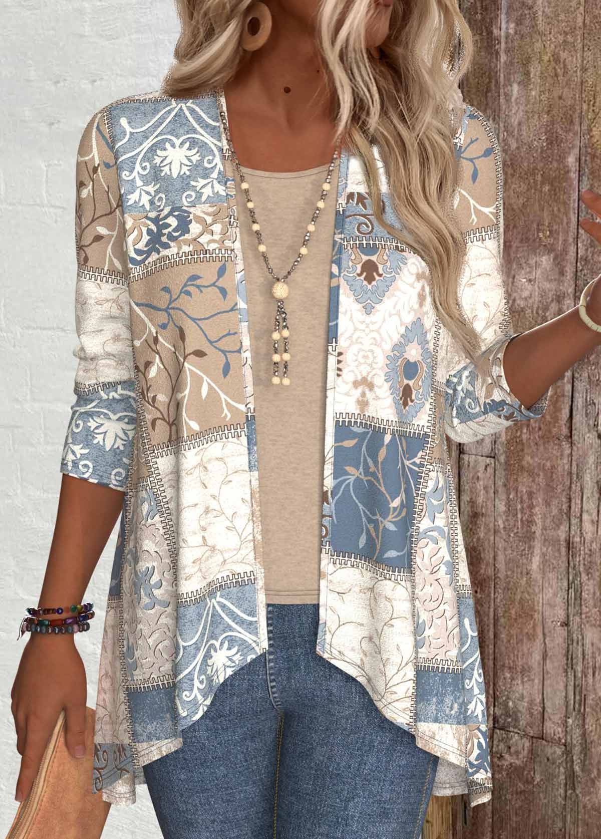 Light Camel tops,Geometric tops,Tribal tops,Plants tops,ROTITA Patchwork Geometric Print Long Sleeve Light Cardigan