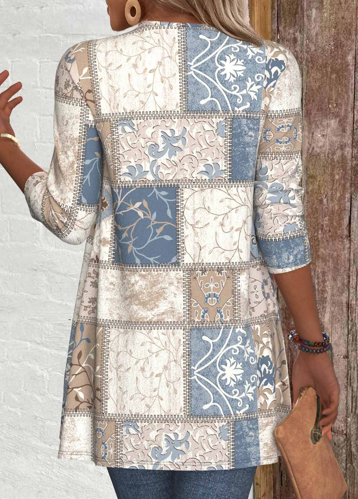 Light Camel tops,Geometric tops,Tribal tops,Plants tops,ROTITA Patchwork Geometric Print Long Sleeve Light Cardigan