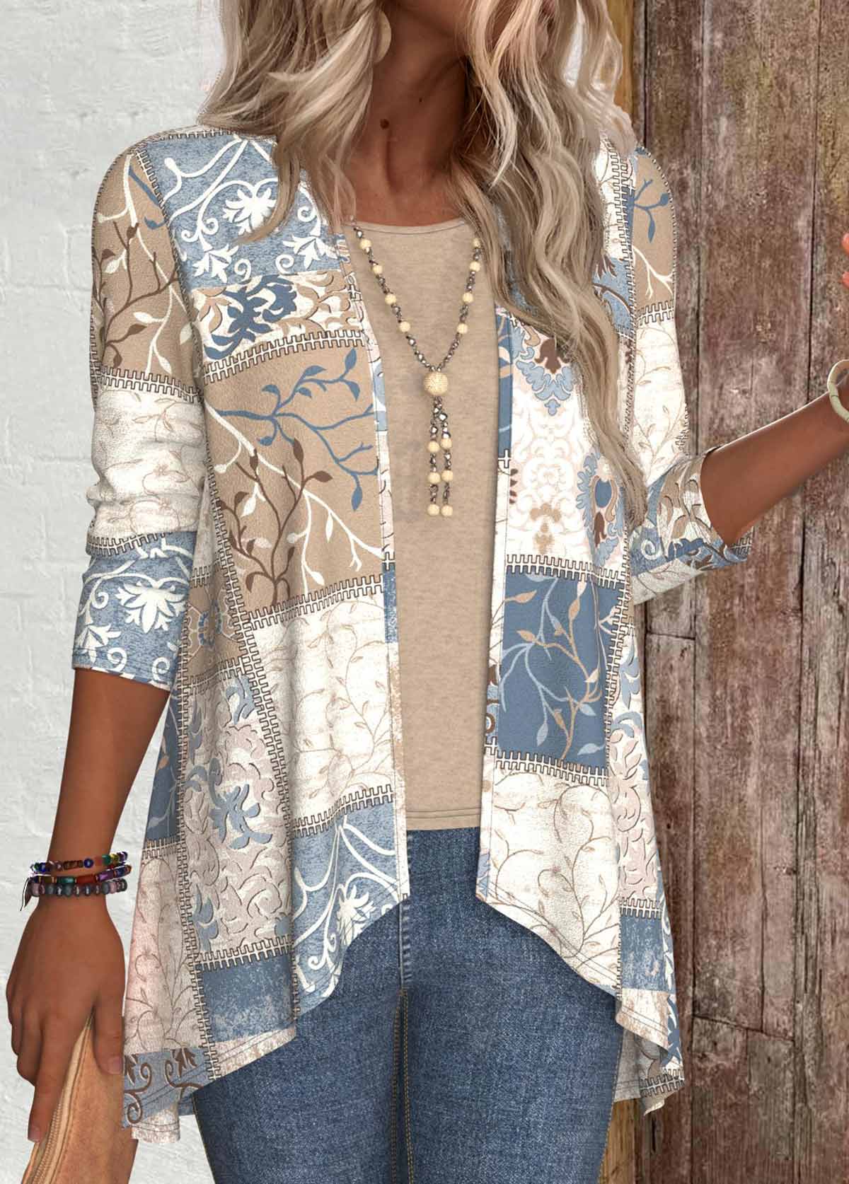 Light Camel tops,Geometric tops,Tribal tops,Plants tops,ROTITA Patchwork Geometric Print Long Sleeve Light Cardigan