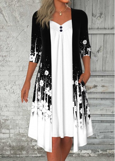 Black dresses,White dresses,Floral dresses,Plants dresses,Dot dresses,Ombre dresses,Everyday dresses,Casual dresses,ROTITA Fake 2in1 Floral Print Black A Line Dress