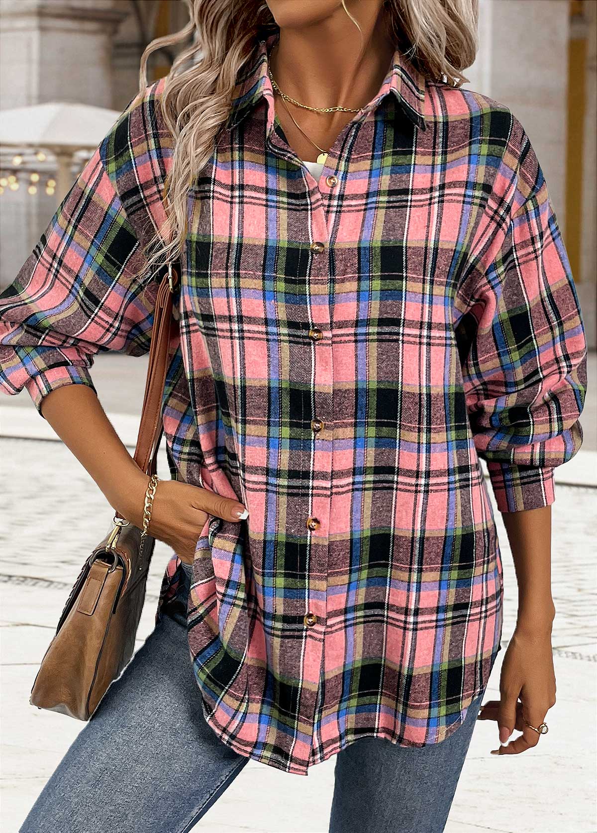 Pink tops,Plaid tops,Geometric tops,ROTITA Tummy Coverage Button Plaid Pink Long Sleeve Shirt