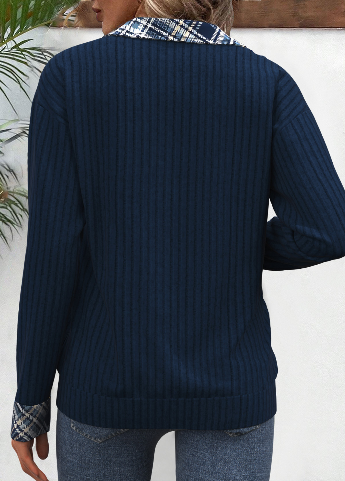 Rotita Patchwork-Sweatshirt mit Umlegekragen und Pfauenblau
