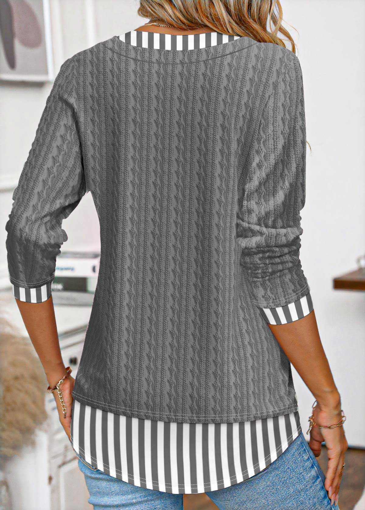 Grey tops,Striped tops,Geometric tops,ROTITA Patchwork Striped Grey Split Neck Fake Two Piece Twinset