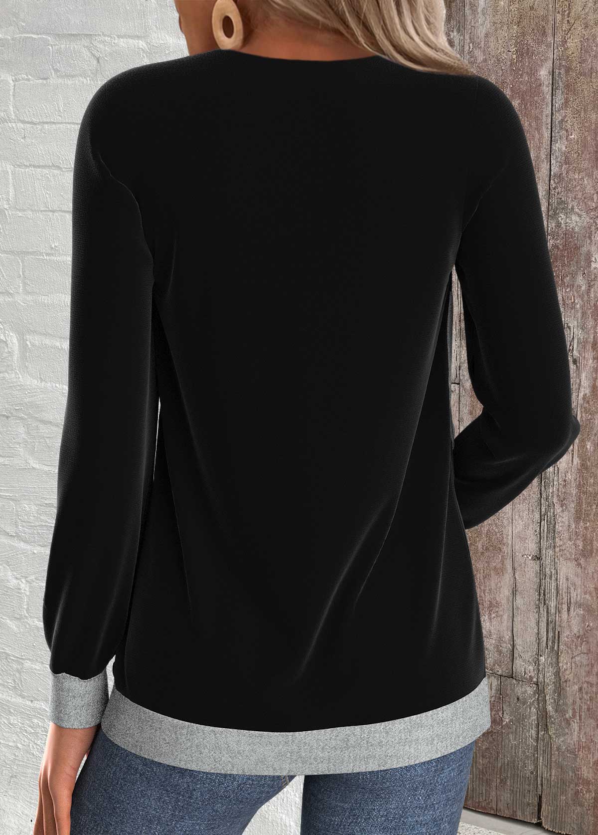 sweat-shirt noir à manches longues et col en V avec boutons Rotita