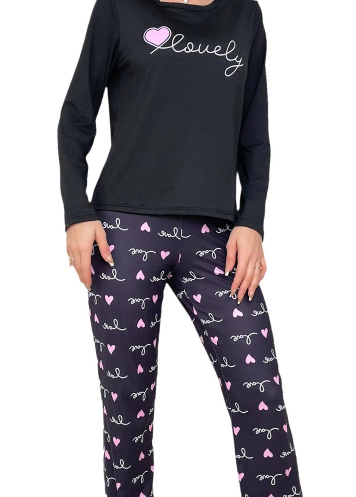 Black loungewear,Heart loungewear,Letter loungewear,Black Round Neck Heart Print Lounge Top and Pants