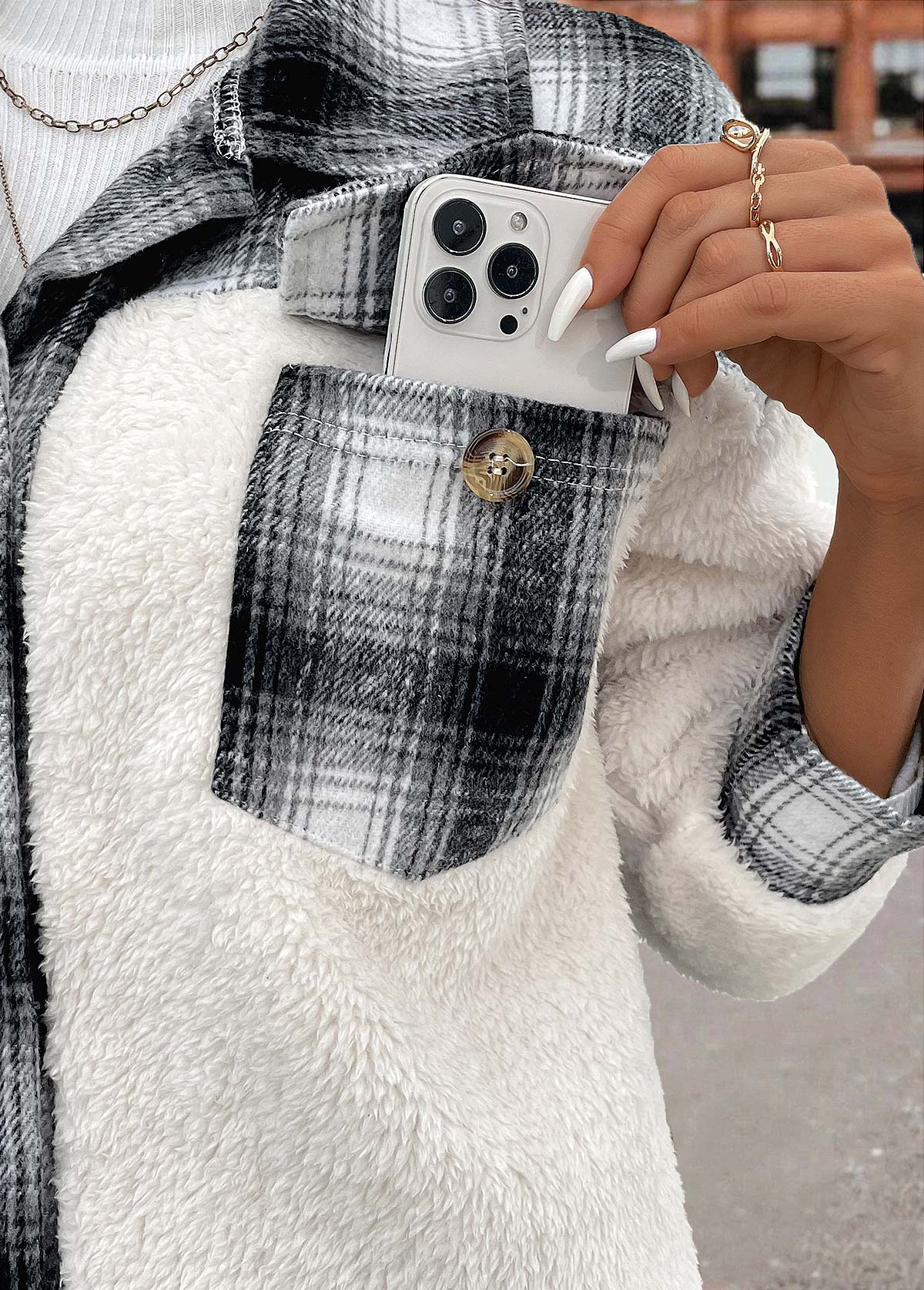 White tops,Geometric tops,Plaid tops,Patchwork Plaid White Shirt Collar Long Sleeve Coat