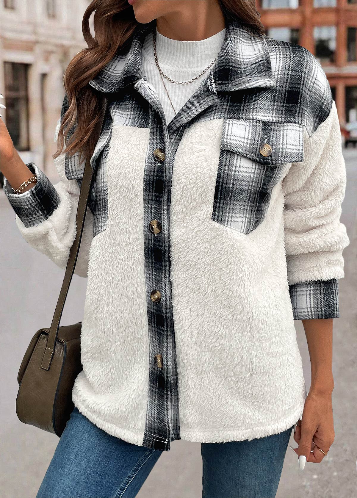 White tops,Geometric tops,Plaid tops,Patchwork Plaid White Shirt Collar Long Sleeve Coat