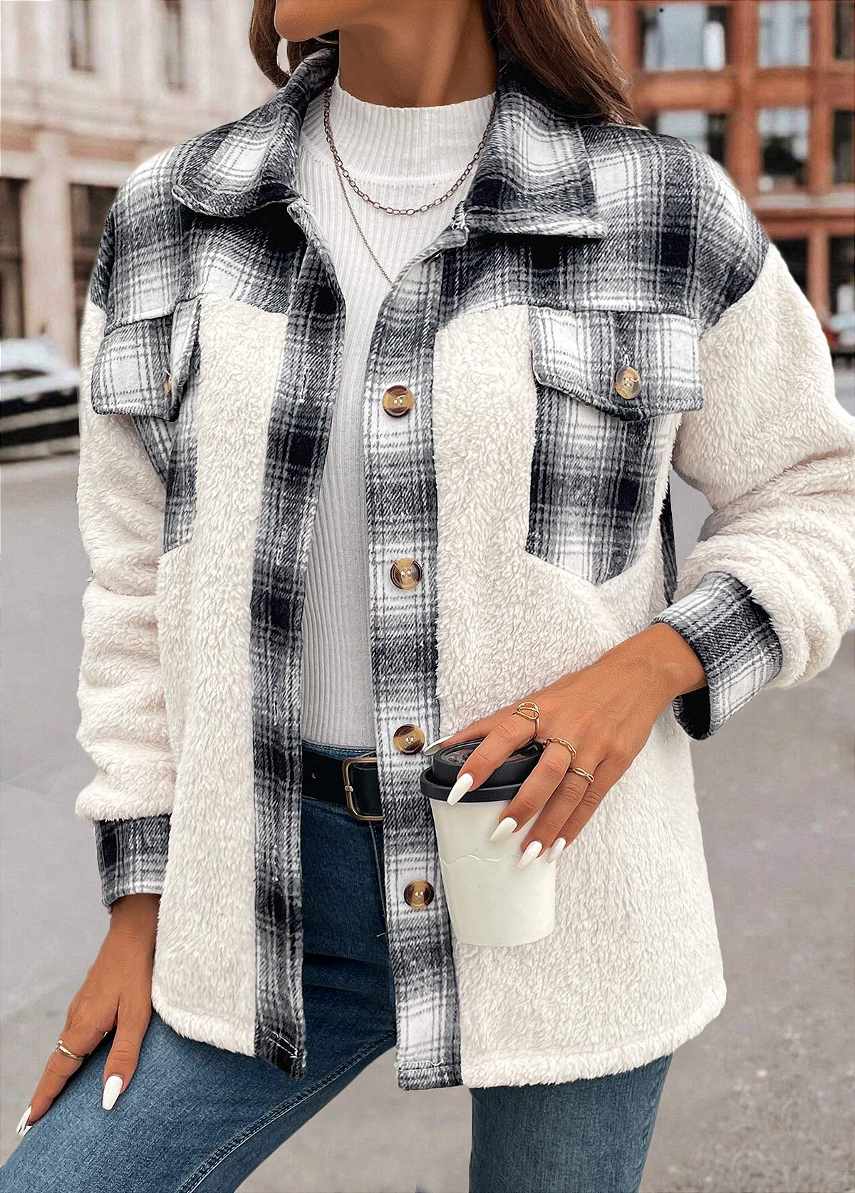 White tops,Geometric tops,Plaid tops,Patchwork Plaid White Shirt Collar Long Sleeve Coat