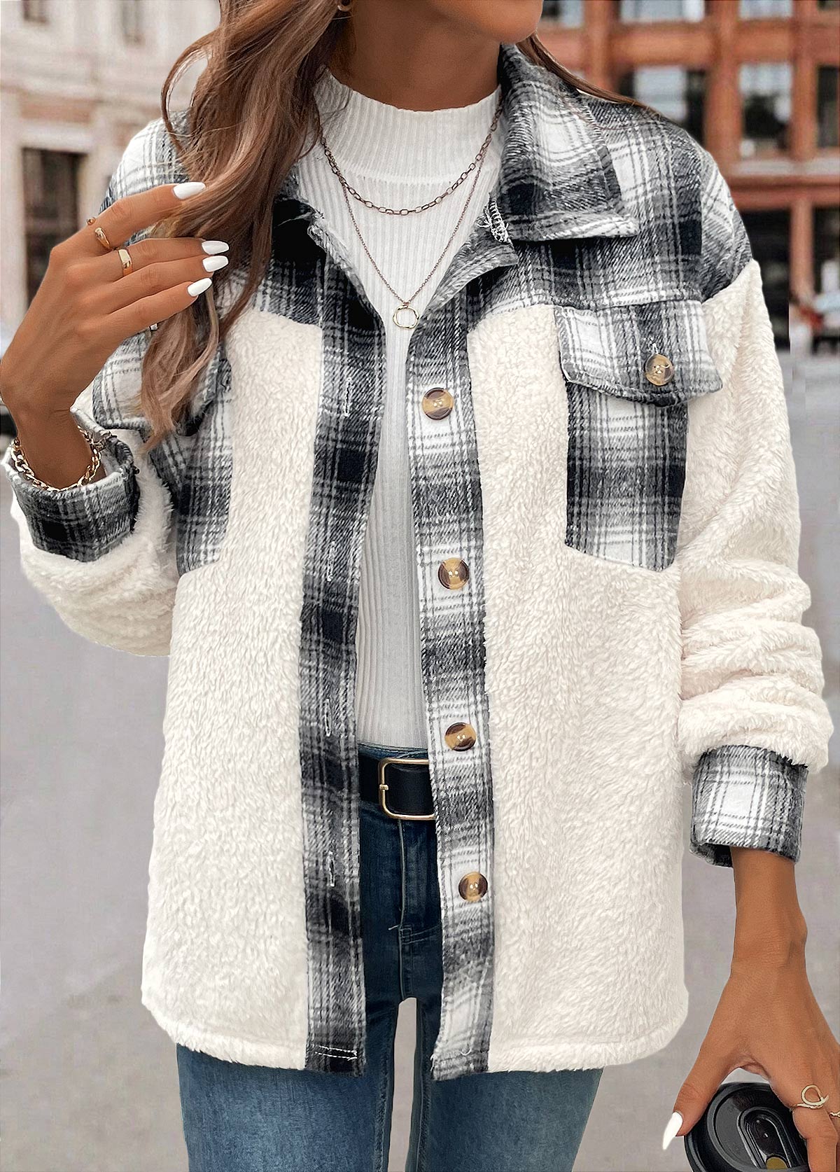 White tops,Geometric tops,Plaid tops,Patchwork Plaid White Shirt Collar Long Sleeve Coat