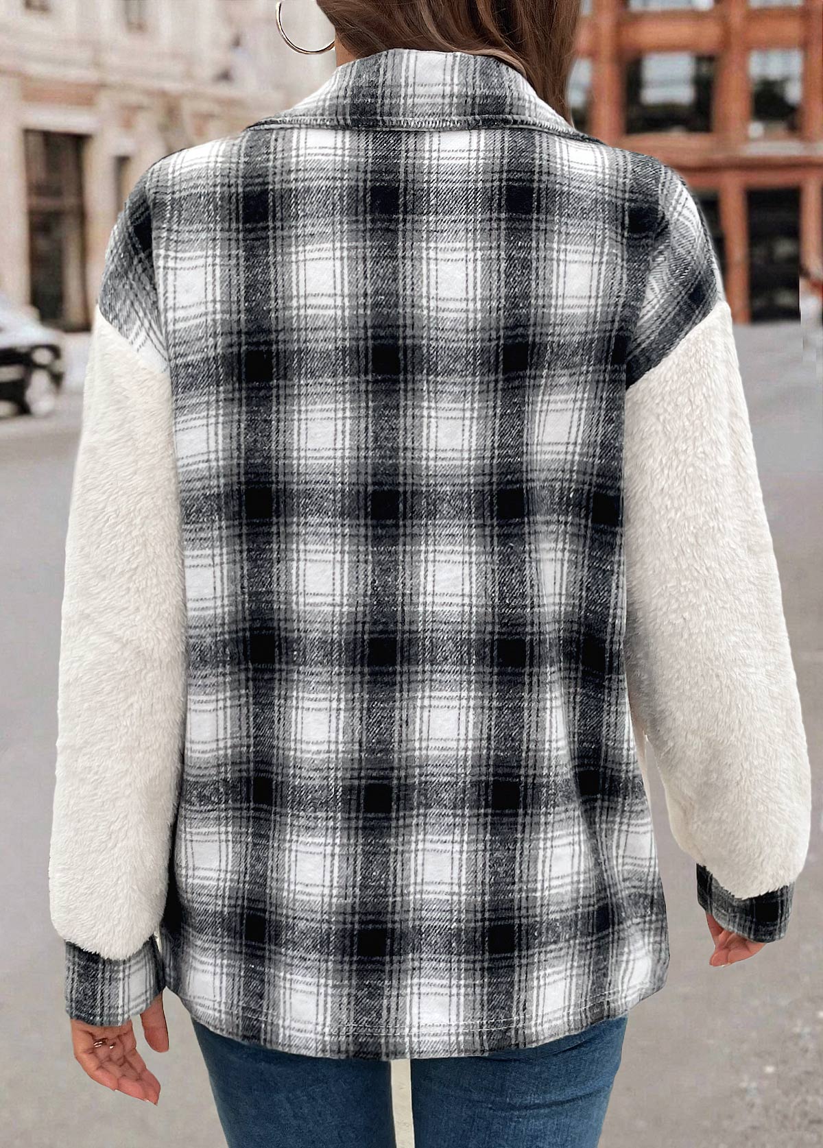 White tops,Geometric tops,Plaid tops,Patchwork Plaid White Shirt Collar Long Sleeve Coat