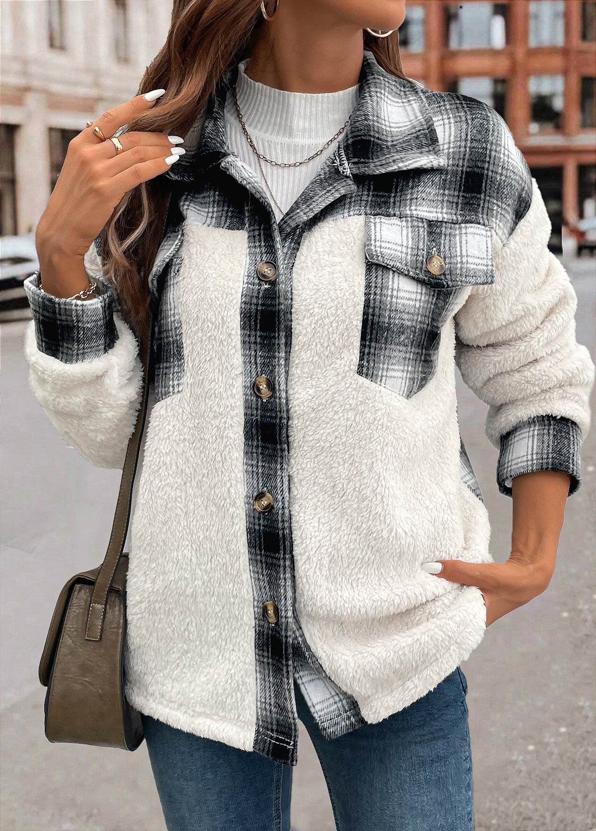 White tops,Geometric tops,Plaid tops,Patchwork Plaid White Shirt Collar Long Sleeve Coat