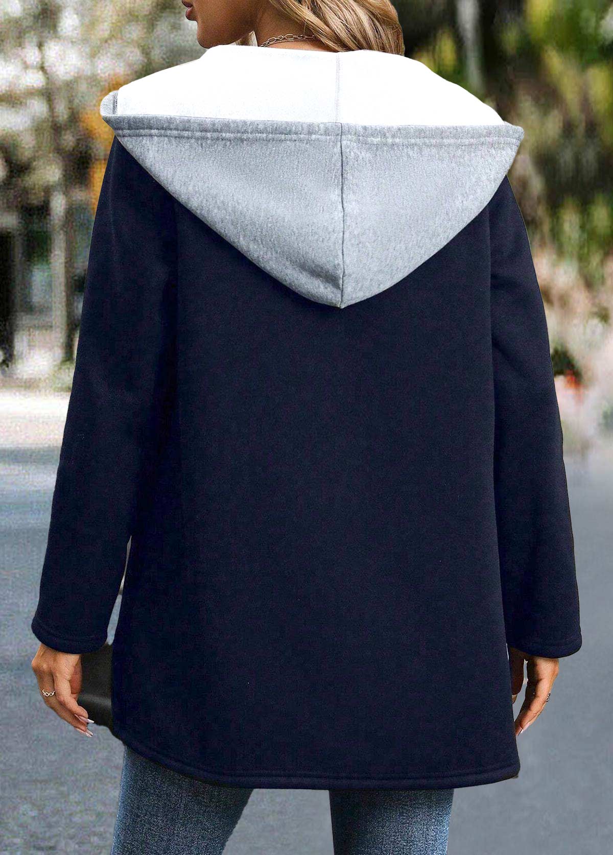Dark Blue tops,Contrast Color tops,ROTITA Patchwork Dark Blue Long Sleeve Hoodie