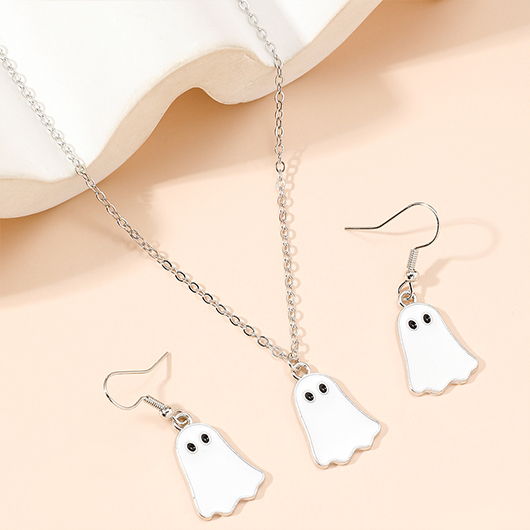 White jewelry,Halloween jewelry,Halloween White Metal Detail Earrings and Necklace