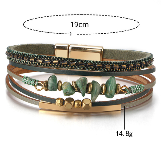 bracelet en simili cuir vert avec perles de pierre