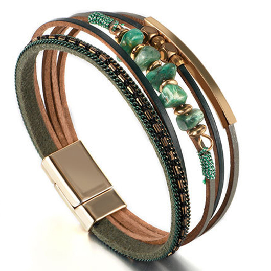 bracelet en simili cuir vert avec perles de pierre