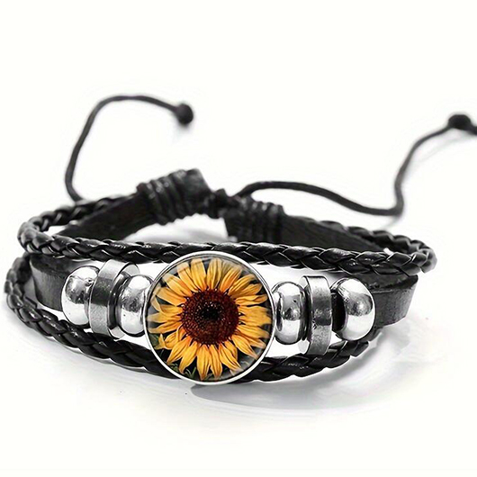 Sonnenblumen-Armband aus schwarzem Kunstleder verstellbar