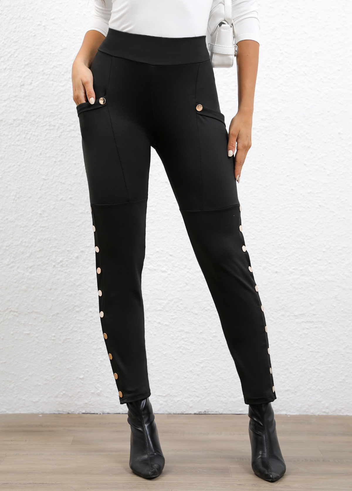 Black bottoms,Plain Color bottoms,Button Black Skinny Elastic Waist High Waisted Pants
