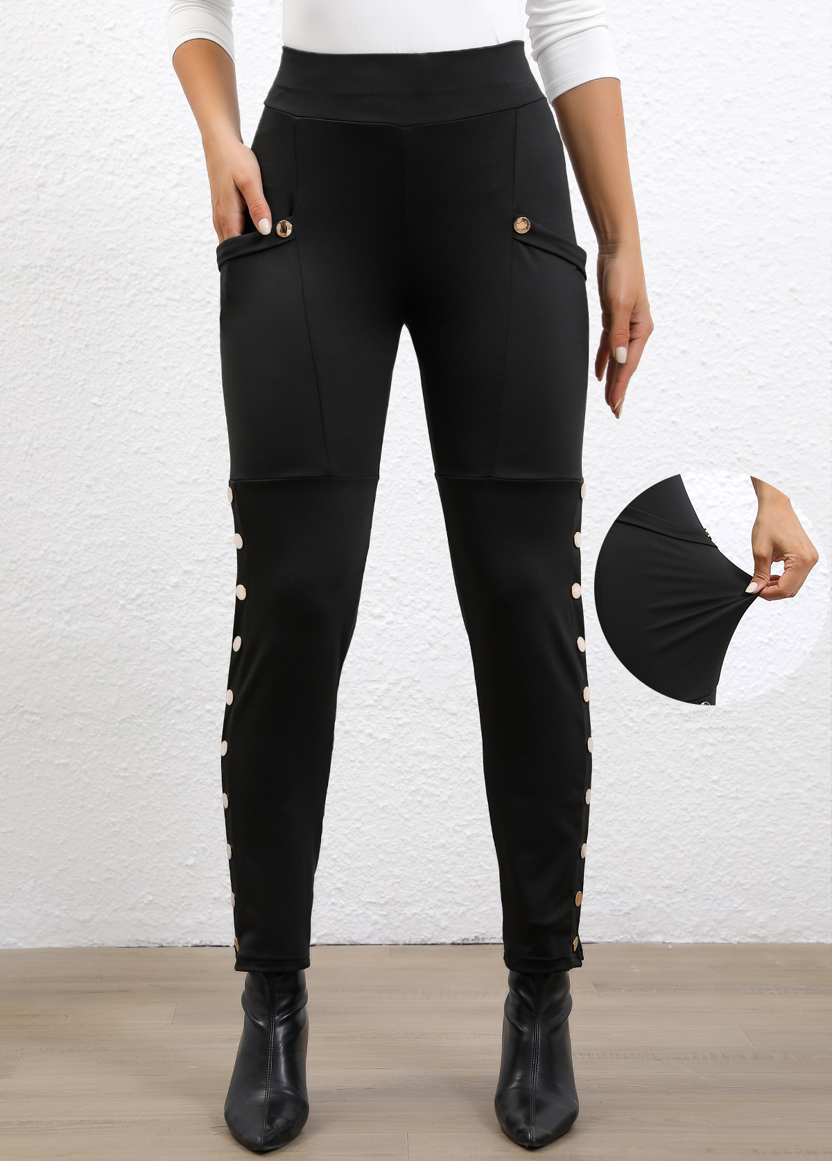 Black bottoms,Plain Color bottoms,Button Black Skinny Elastic Waist High Waisted Pants