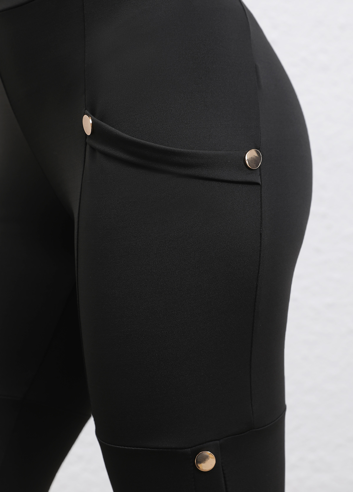 Black bottoms,Plain Color bottoms,Button Black Skinny Elastic Waist High Waisted Pants
