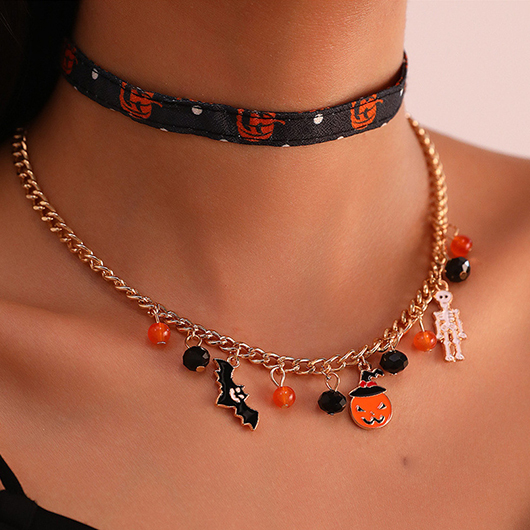 Orange jewelry,Halloween Skeleton Pumpkin Orange Alloy Necklace Set