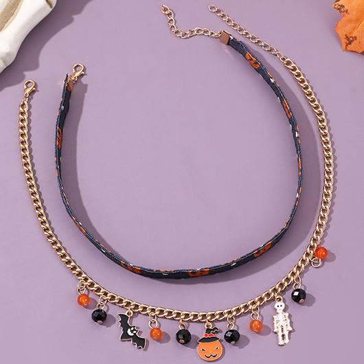 Orange jewelry,Halloween Skeleton Pumpkin Orange Alloy Necklace Set