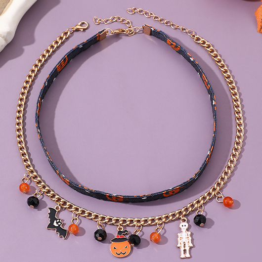 Orange jewelry,Halloween Skeleton Pumpkin Orange Alloy Necklace Set