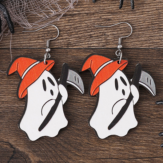 Halloween Orange Ghost Scythe Witch Hat Wood Earrings