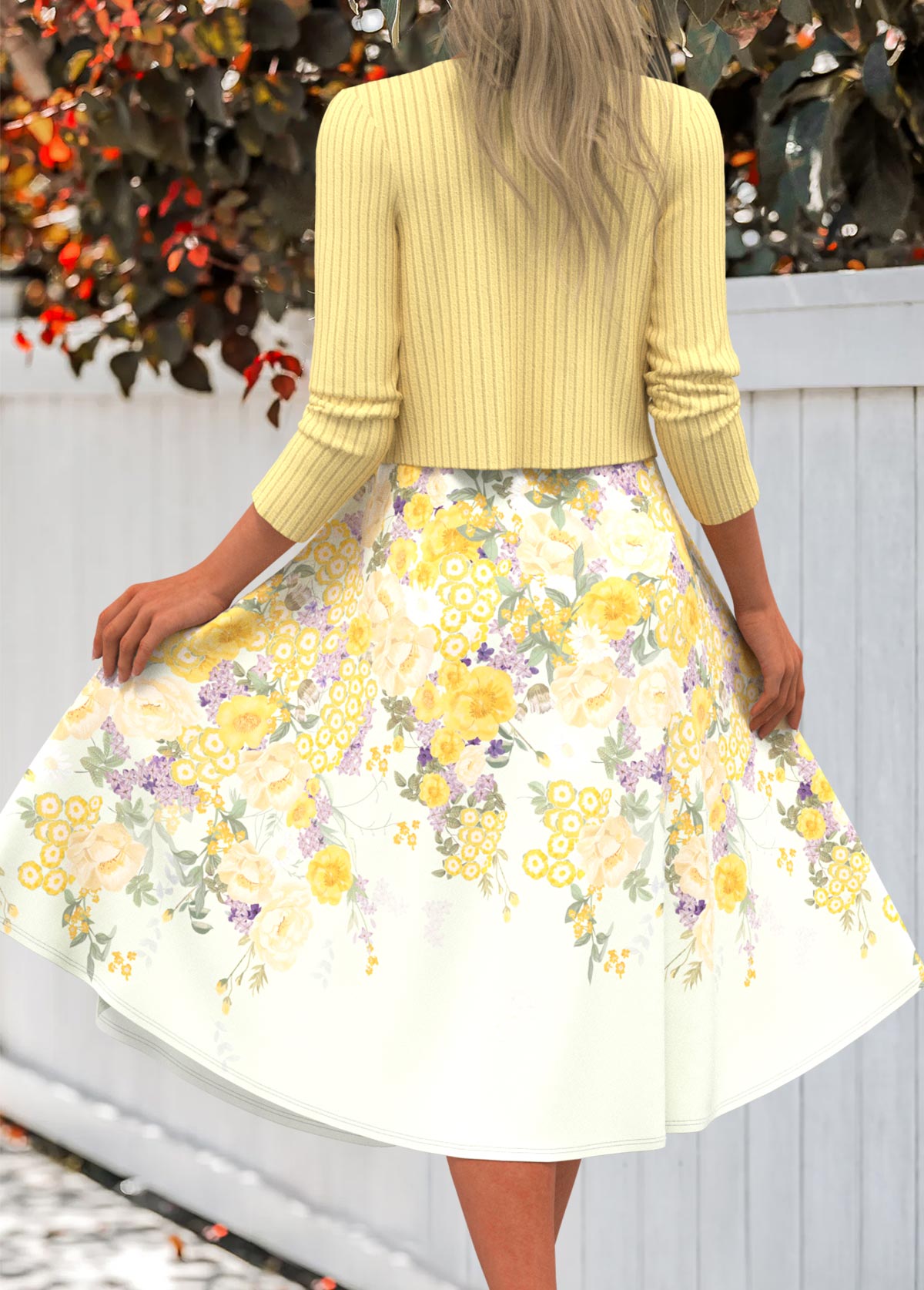 Light Yellow dresses,Floral dresses,Plants dresses,Everyday dresses,Casual dresses,ROTITA Two Piece Floral Print Light Yellow Dress and Cardigan