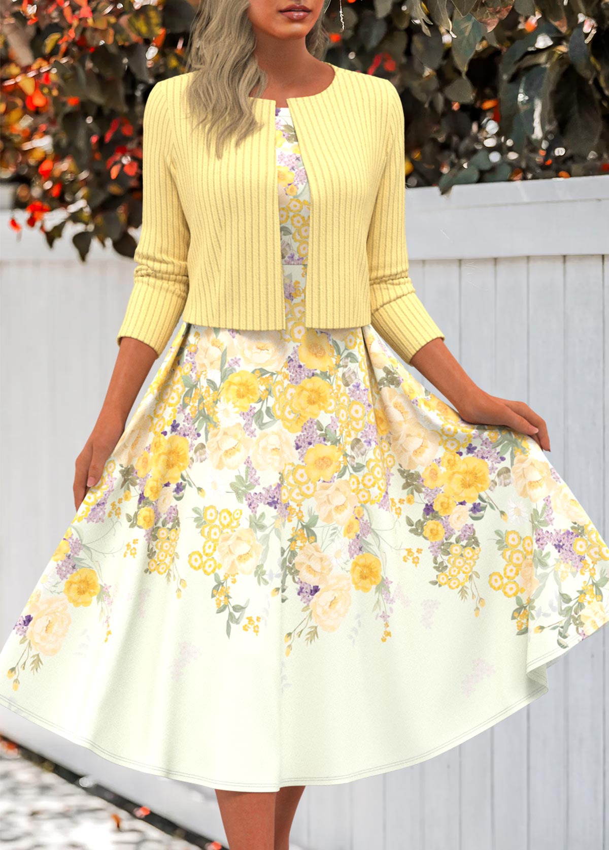 Light Yellow dresses,Floral dresses,Plants dresses,Everyday dresses,Casual dresses,ROTITA Two Piece Floral Print Light Yellow Dress and Cardigan