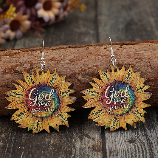 HalloweenGold Wood Carved Flowers Sunflower Earrings