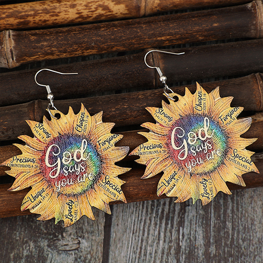 HalloweenGold Wood Carved Flowers Sunflower Earrings