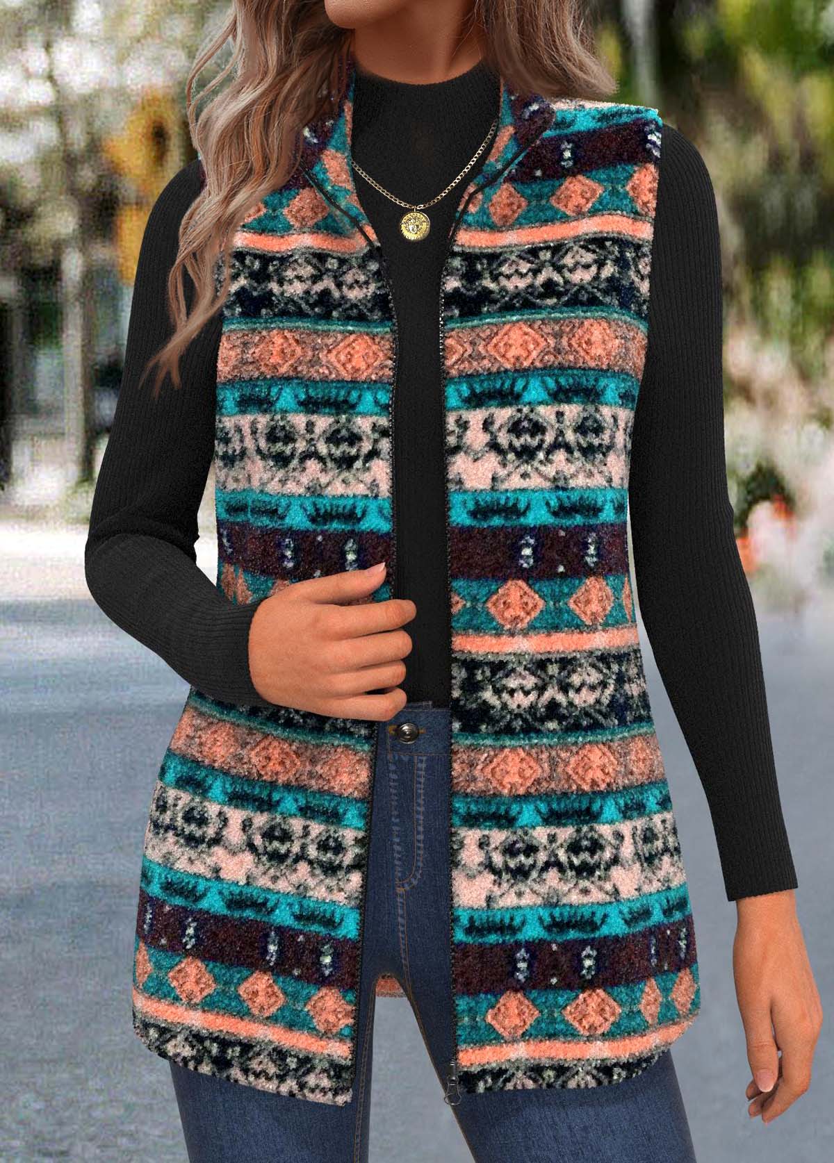 Multi Color tops,Tribal tops,ROTITA Zipper Tribal Print Multi Color Stand Collar Sleeveless Waistcoat