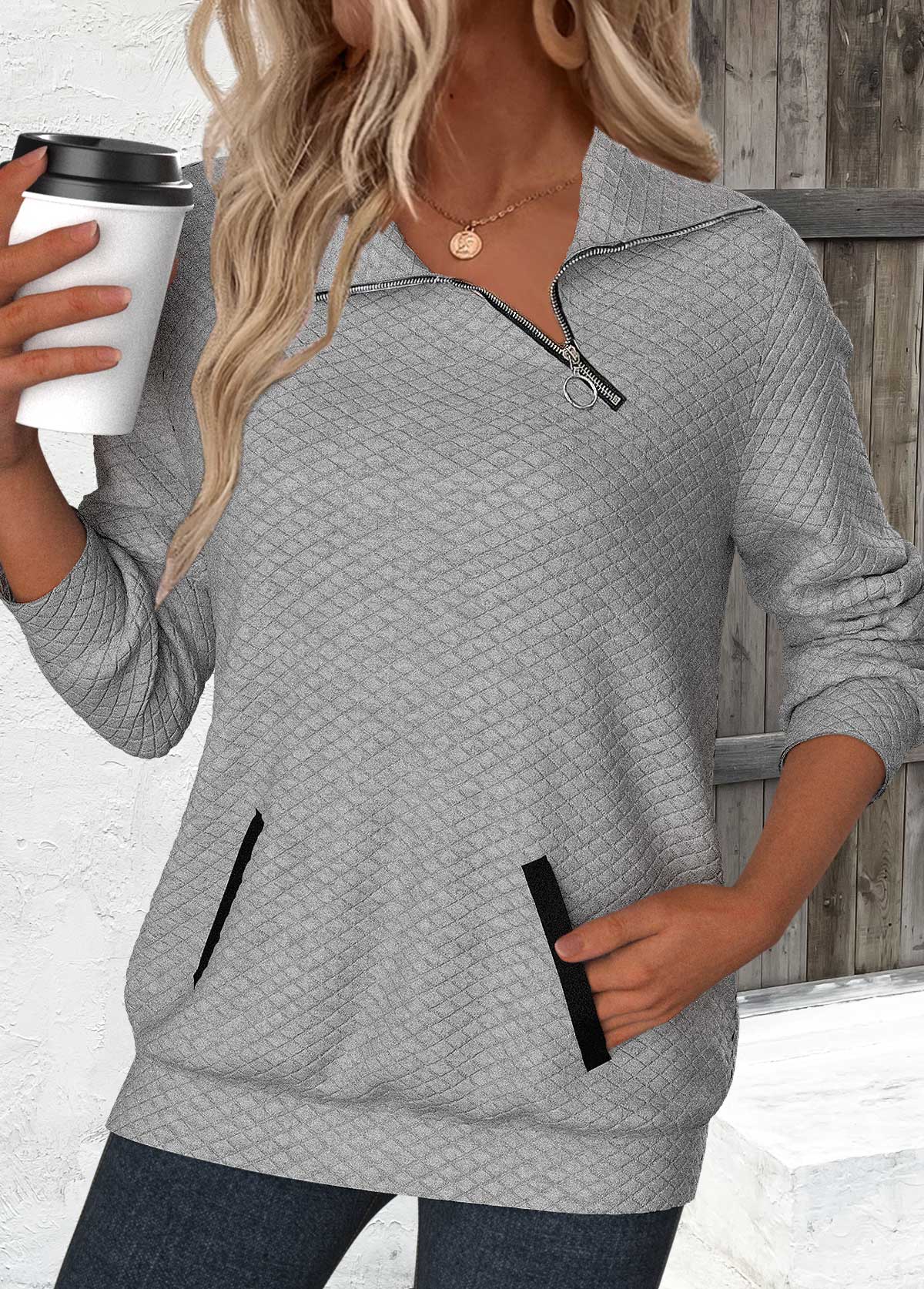 Grey tops,Plain Color tops,ROTITA Jacquard Grey Asymmetrical Neck Long Sleeve Sweatshirt