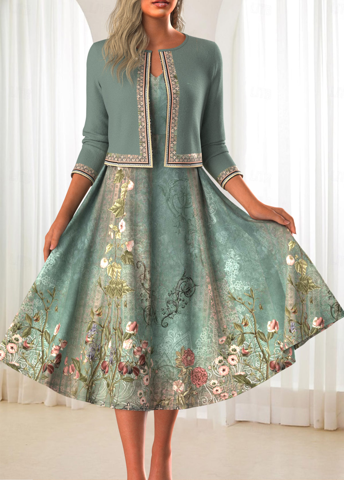 Sage Green dresses,Floral dresses,Plants dresses,Everyday dresses,Casual dresses,ROTITA Two Piece Floral Print Sage Green Dress and Cardigan