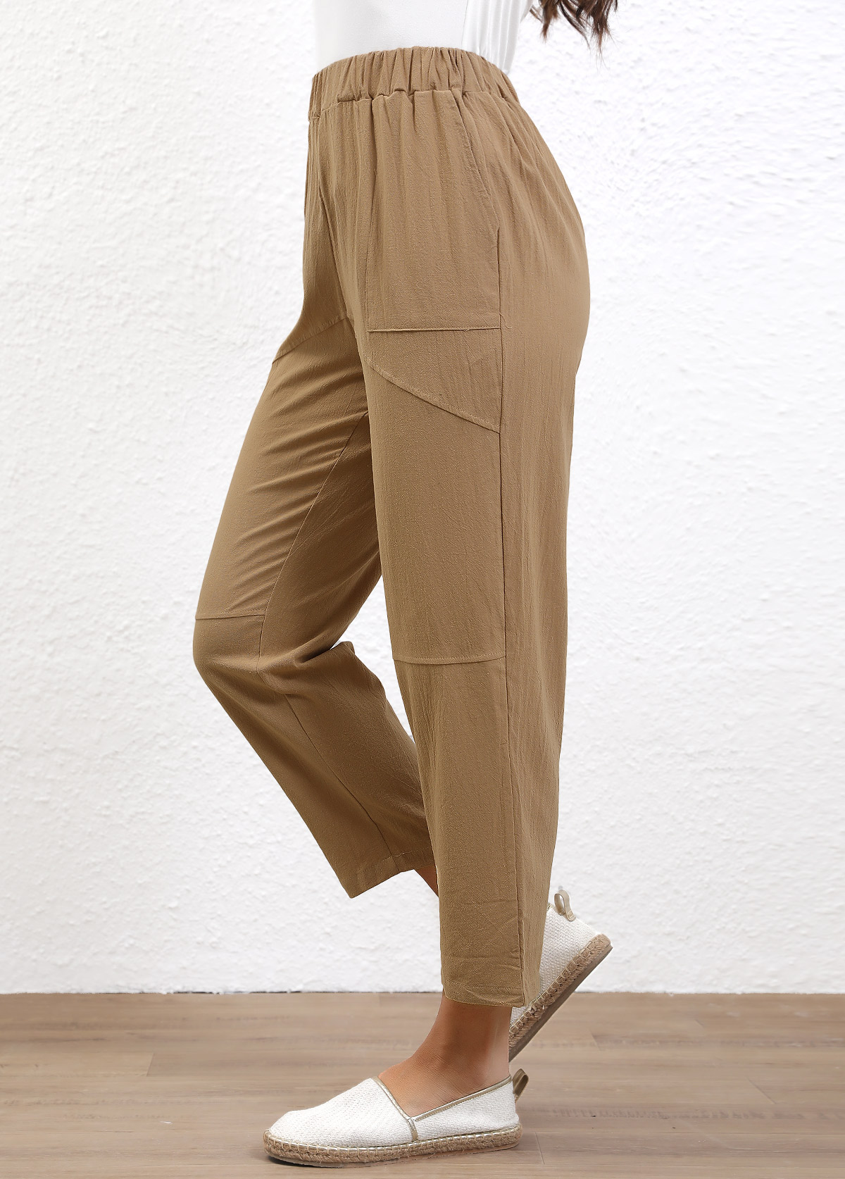 Light Coffee bottoms,Plain Color bottoms,Elastic Waist High Waisted Light Coffee Pants