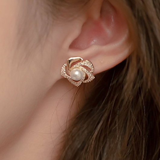 Golden jewelry,Golden Metal Rose Pearl Diamond Earrings