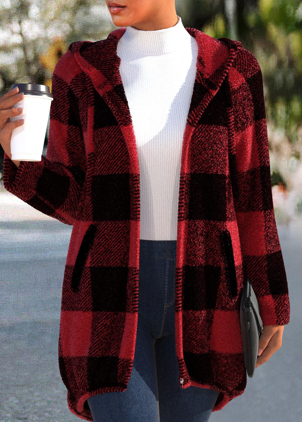 Red tops,Plaid tops,ROTITA Plaid Red Hooded Long Sleeve Coat